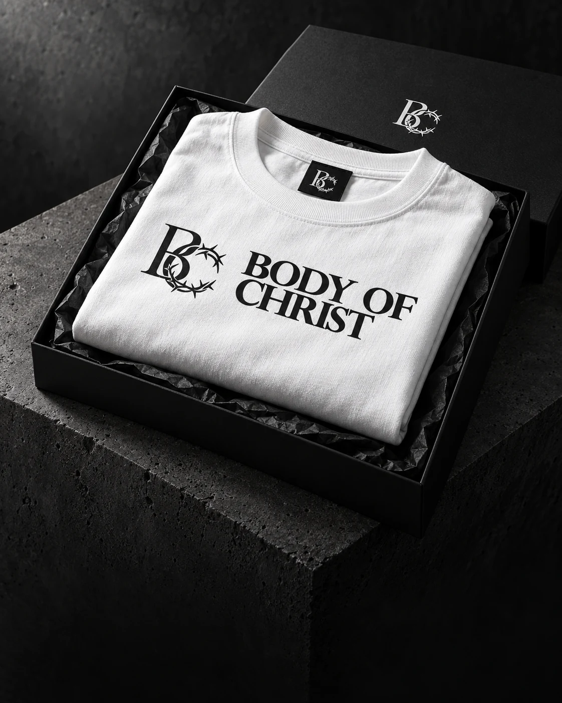 Body of Christ white shirt in a black presentation box